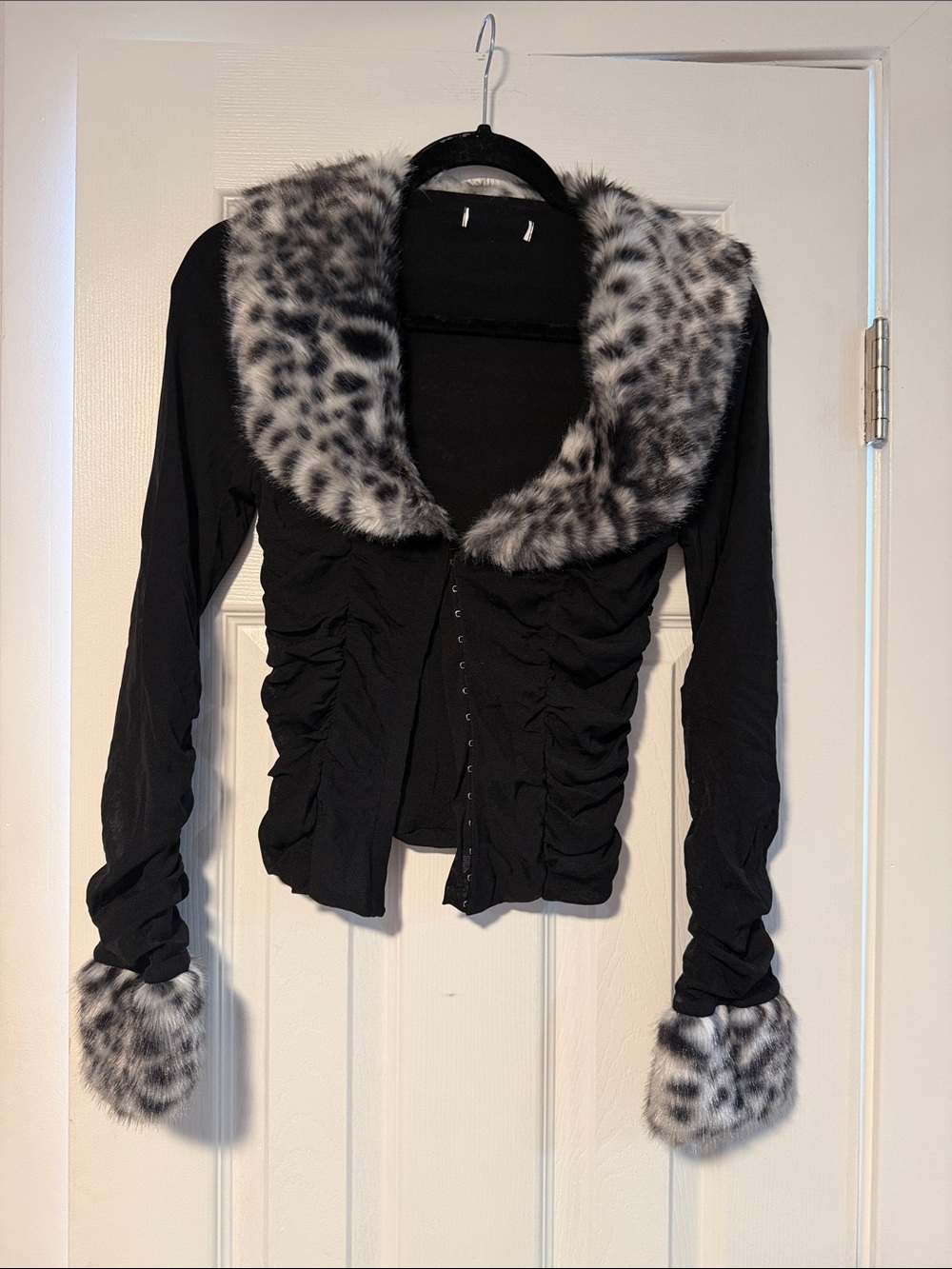 Black Faux-Fur Trimmed Women's Top